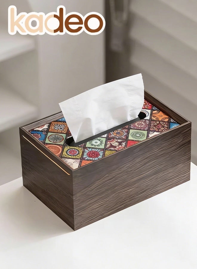 kadeo Wood Tissue Box Cover with Retro Pattern Lid, Rectangle Tissue Holder, Formaldehyde-free Tissue Cover for Bathroom, Tissue Box Cover Rectangular for Home Office 19.7*12.7*9.4CM - Image 1
